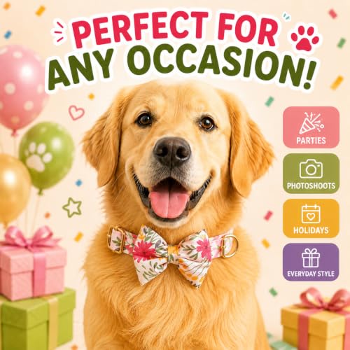 Image of Premium Dog Collar with Bow Tie, Adjustable Size, Lightweight | for 23-35 Kilograms Dogs (L, Floral)