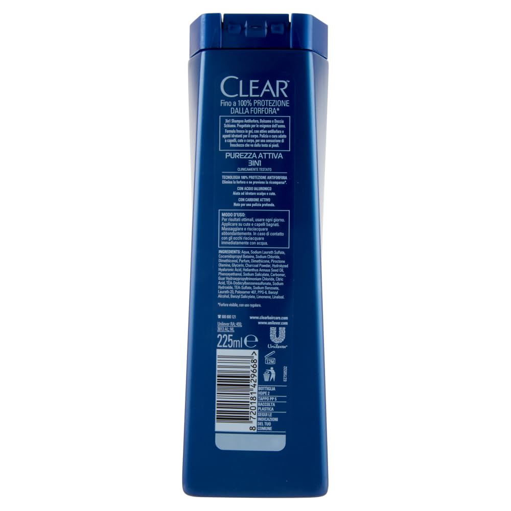 Clear Men Shampoo Purezza Attiva - Champú anticaspa, acondicionador y gel de ducha 3 en 1, acondicionador y gel de ducha, 225 ml + llavero Beni Culinari gratuito