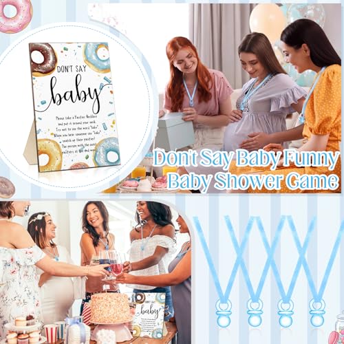 Image of Wesiti 51 Pcs Cool Baby Shower Game Wooden Sign Gift Sets 50 Baby Shower Pacifiers Necklace Acrylic Pacifier for Gender Reveal Party Favor(Donut,Blue)