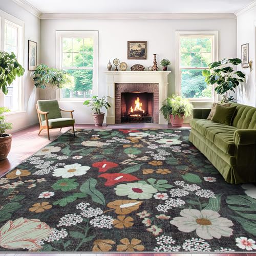 Area Rug Living Room Rugs: 5x7 Washable Rug Vintage Floral Soft Boho Non Slip Carpet Indoor Floor Non Shedding Low Pile Thin Carpets for Bedroom Dining Room Farmhouse Nursery Home Office Green