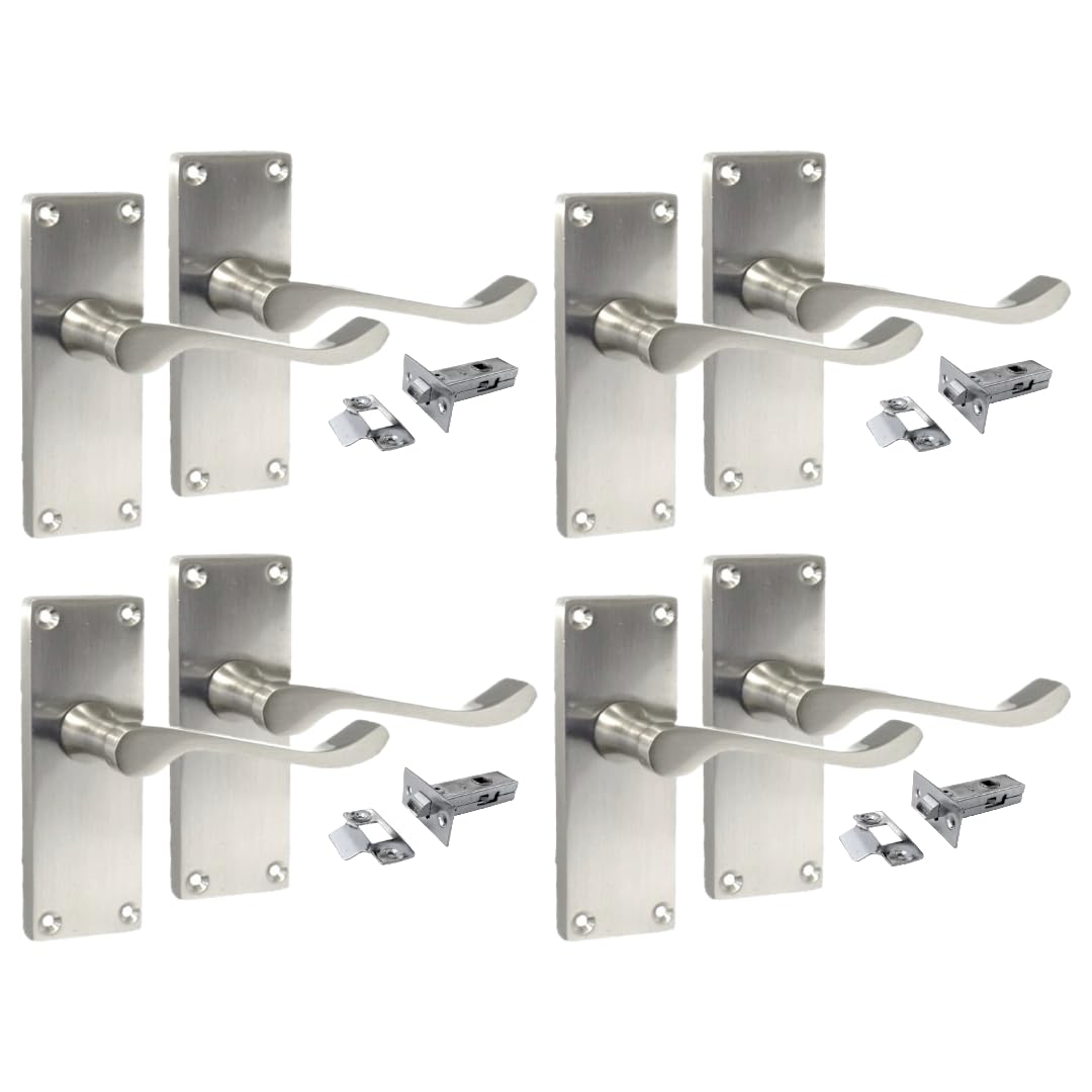 Epsom Door Handle Victorian Scroll Satin Nickel Internal Door Handle Sets – Lever on Backplate 118mm x 42mm – Includes Tubular Latch – 4 Pairs