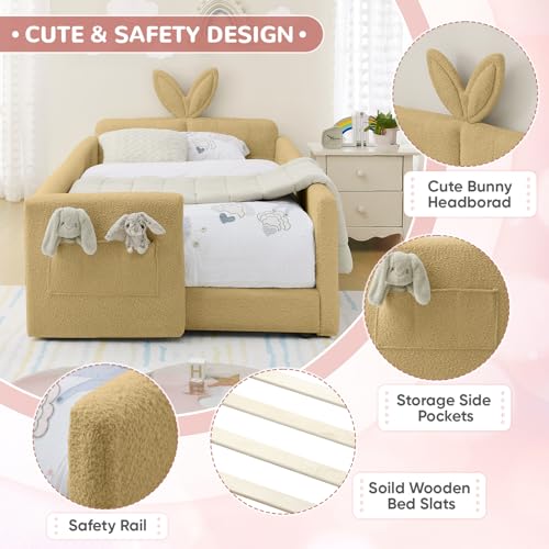 Image of Twin Size Kids Bed with Rabbit Ear Headboard, Upholstered Boucle Fabric Twin Daybed with Slats Support & Side Pockets, Space-Saving Wooden Corner Sofa Couch Bed Frame for Girls, Boys, Teenager(Yellow)