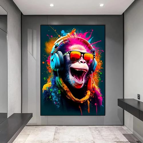 JACBON Street Pop Art, lustige Tiere, Affen mit Kopfhörern, Poster, Drucke, Spielgriffe, Leinwandgemälde, Wandkunst für Heimdekoration, 60 x 80 cm, rahmenlos
