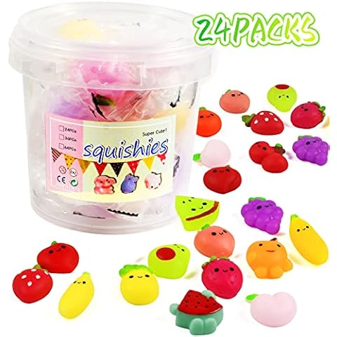 Vibbang 24Pcs Mochi Squishy Toys Stress Squeeze Toy Mini Stress Relief Anxiety Toys Squishies Fidget Toys Fruit Animal Adults Kids Party Bag Toys Easter Basket Stuffers With Box (Fruit) Cover
