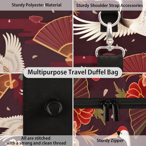 Travel Duffel Bag, Japan White Crane Floral Flower Sports Tote Gym Bag Foldable Western Aztec Weekender Bag Carry on Luggage Handle Bag Overnight Shoulder Bag for Women Men,A-0733