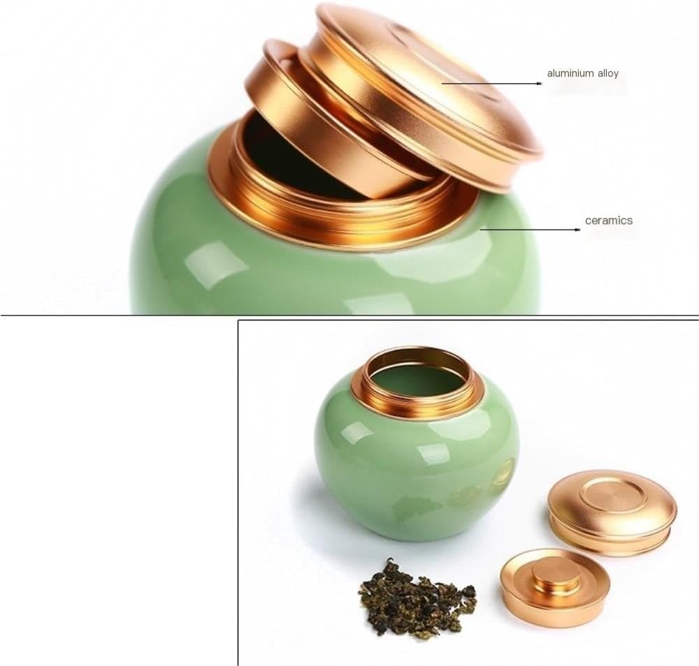 SONGCHAO Sugar Jar Ceramic Bulk Tea Storage Jar Double Layer Metal Cover Celadon Container Household Sealed Tea Canister(A)