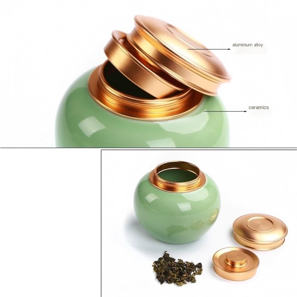 CMBSSTFC Pojemnik na herbatę Ceramiczny słoik do przechowywania herbaty luzem Dwuwarstwowa metalowa pokrywa Seledyn Pojemnik na herbatę Słoik Zamknię słoik do użytku domowego Słoik do przechowywania