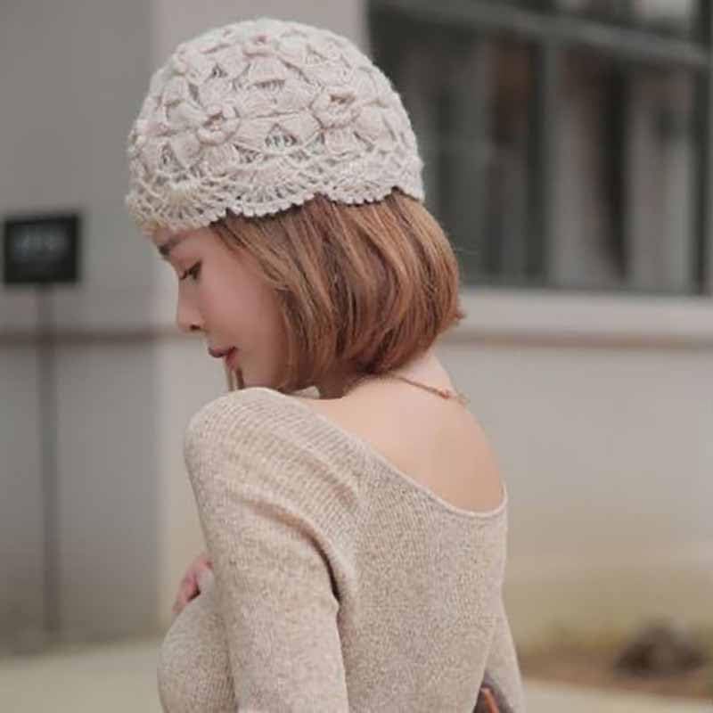 Double-Layer Handmade Crochet Pullover Hat Women's Winter Warm Fashion Knit Mohair Beret Beanie Cap Beige - Image 5