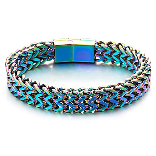 Minimalist Mens Steel Oxidized Rainbow Double Franco Link Curb Chain Bracelet Magnetic Clasp, Punk