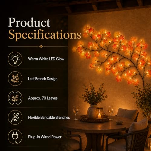 Image of One94Store Warm White Maple Leaf Vine Lights | 72 LED Tree Branch Wall Decor | Flexible Fairy String Lights for Bedroom, Living Room, Home Decoration, Diwali, Christmas, Wedding & Party