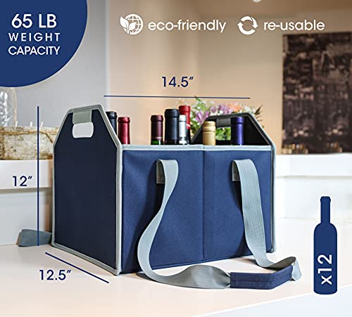 Thebarsentials 12 Bottle Wine Carrier Collapsible Reusable With Strap For Liquor Champagne Beer Glasses Storage Shopping Travel (Navy Blue) #TOP1
