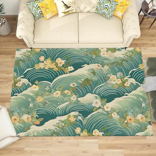 Tapis de chambre style japonais ukiyo-e vert olive lavable en machine - 3
