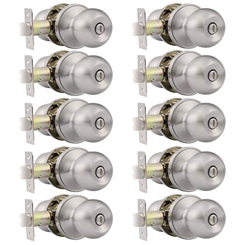 Privacy Door Knobs with Lock Inside Satin Nickel Bath/Bed Interior Door Handles Keyless 10 Pack Round Ball Door Knobsets,Thumb Turn Button Inside