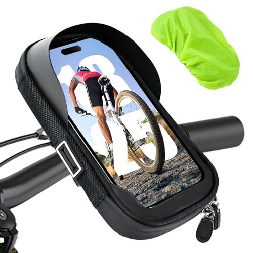 Joellfuner Borse da Manubrio Bici, Porta Cellulare Bici Robusta e Impermeabile, Bikepacking con Rotazione a 360° e Parapioggia, Borsello Bici con Touch Screen per Smartphone Fino a 6,8 Pollici