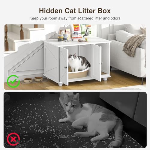 Image of Giluta Cat Litter Box Enclosure,Hidden Litter Box Furniture Cabinet with Scratching Pad,Wooden Pet House Side End Table for Living Room Washroom,31.5 x 20.5 x 21.6 Inches (White)