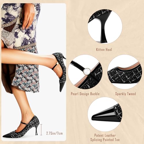 GOSERCE Women's Kitten Pumps Mary Jane Pearl Buckle Glitter Sparkly Strap Splicing Patent Pointed Toe High Heel Formal Dress Prom Work Office Herls Shoes2