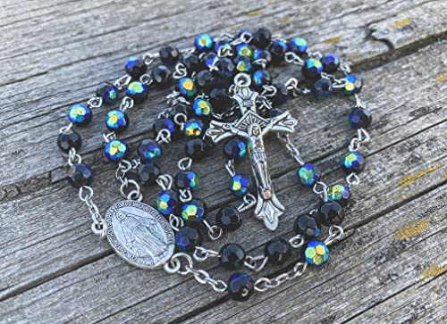 Alternative view of Nazareth Store Black Blue Rosary Beaded Necklace Multi Color Crystallized Glass Beads with Miraculous Medal and Jesus Cross Crucifix