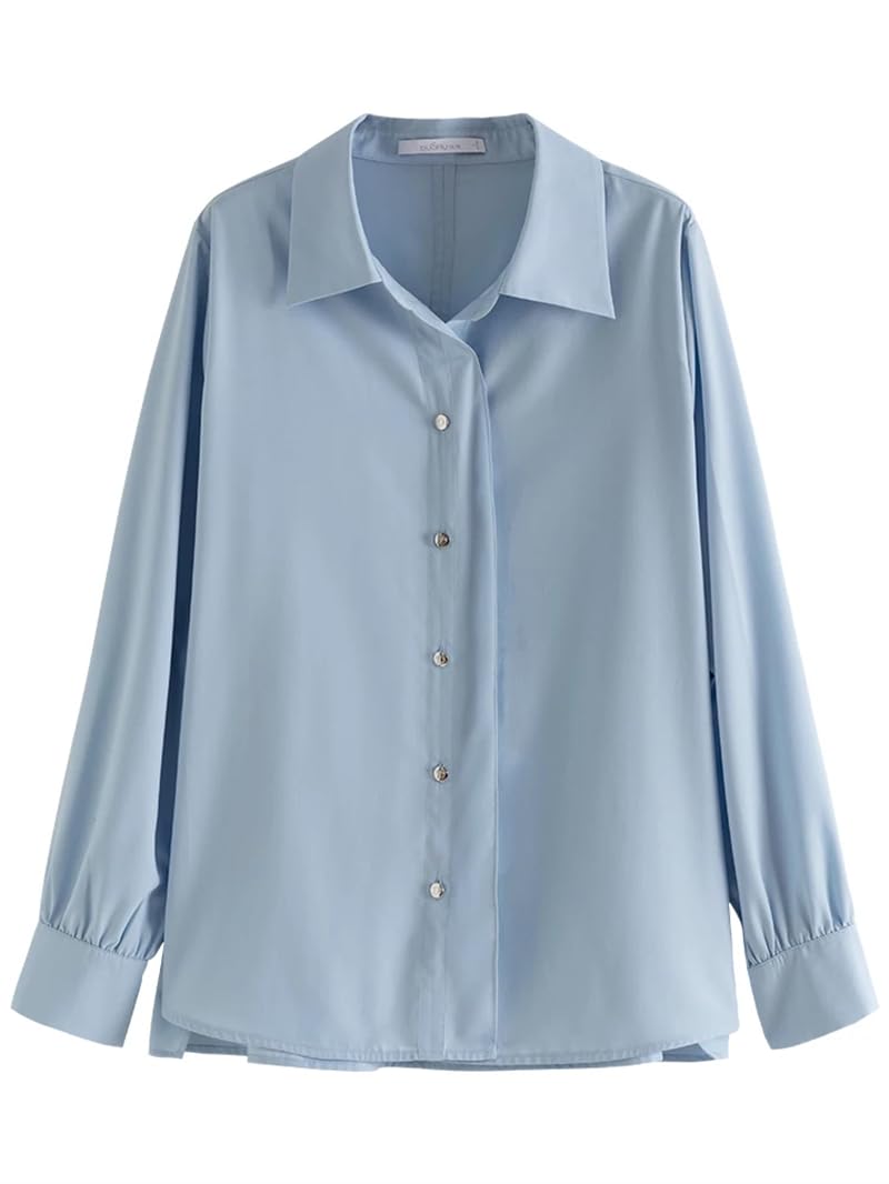 Blusas de manga larga con cuello polo para mujer, sencillas, lisas, con solapa oblicua, parte superior formal