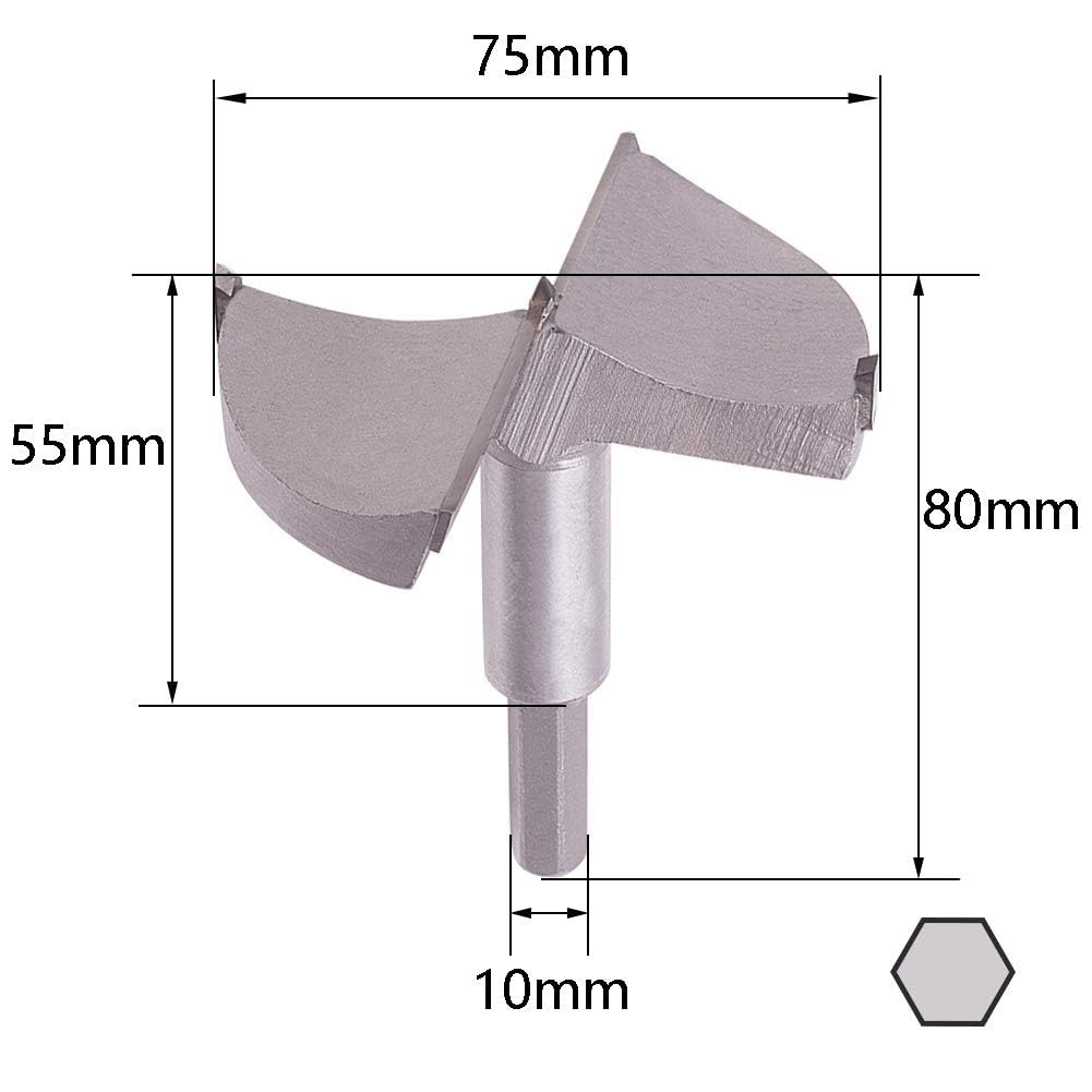 Wenheww 1Pc Forstner Drill Bits, 75mm/2.95" Carbide Wood Hole Saw Auger Opener, Woodworking Hole Saw Drilling Tool, 80mm Length 9mm Hex Handle Dia Cutter Tool for Wood Plastic Plywood, Gray
