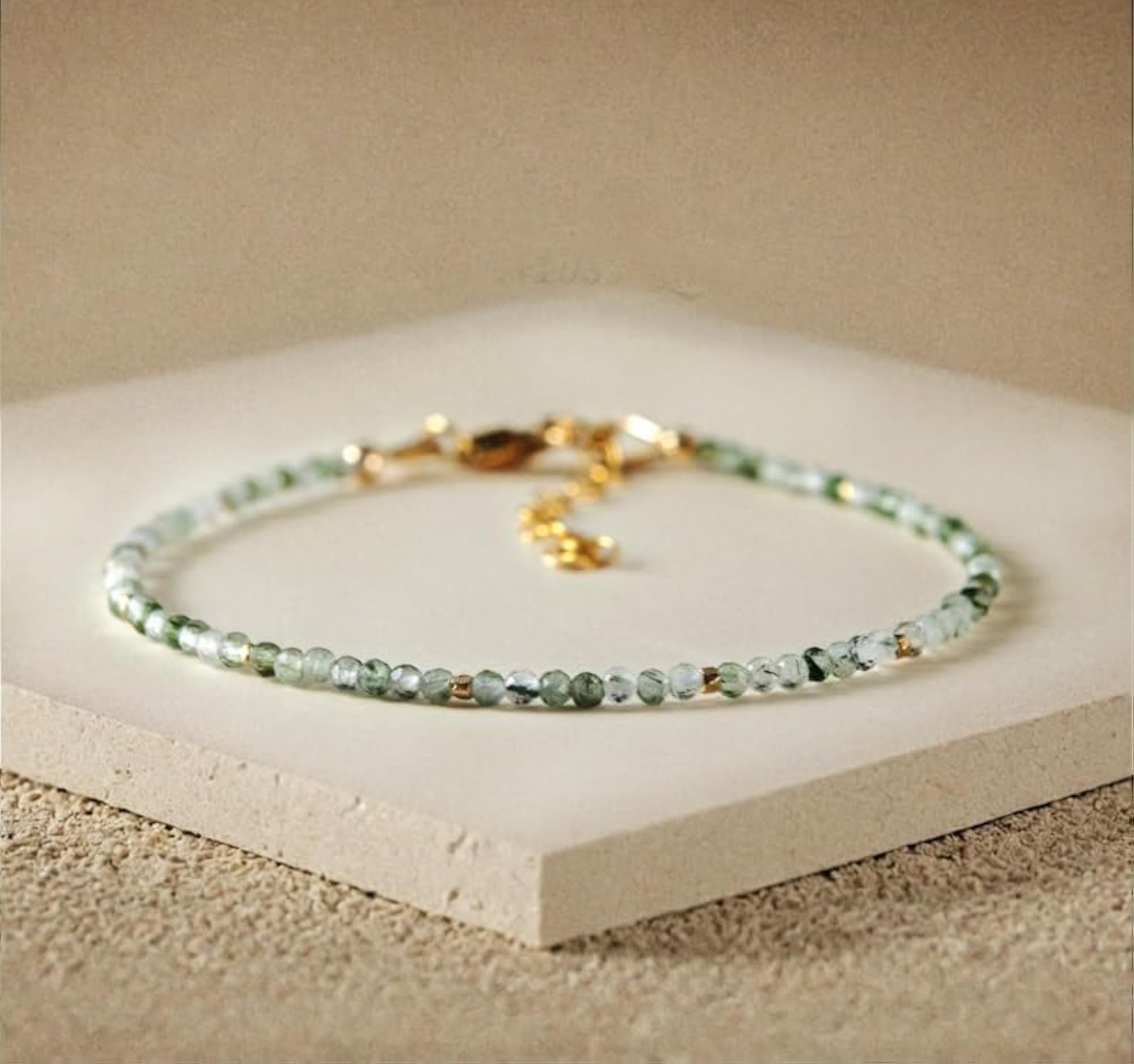 Flower Agate Round Beaded Bracelet, Adjustable Gold Lock
