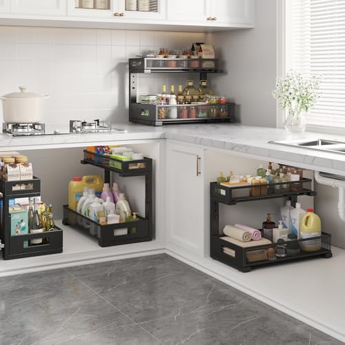 Image of 1 Pack 17IN Depth Under Sink Storage Organizer, Large 2-Tier Elegant Mesh Pull Out Shelf for Kitchen and Bathroom Cabinet Organization, L-Shaped and Adjustable Height Design-Black