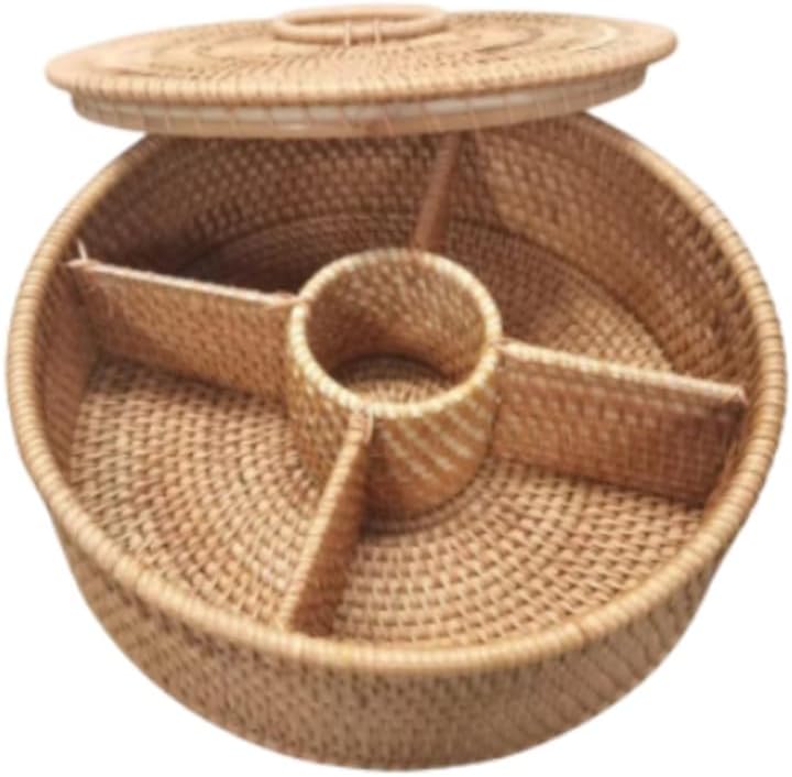 Sefoemut藤編み収納バスケット ラタン製蓋付きスナックボックス 田園風手織り丸型ケース 多機能卓上チェスト 天然籐フルーツ収納