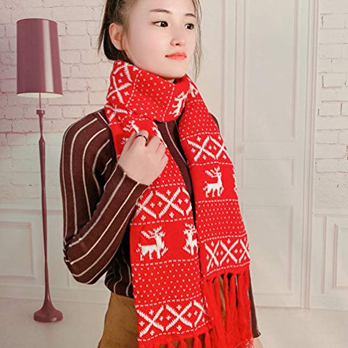 Christmas Scarf Christmas Reindeer Snowflake Scarf Winter Warm Knitted Red Long with Tassels3
