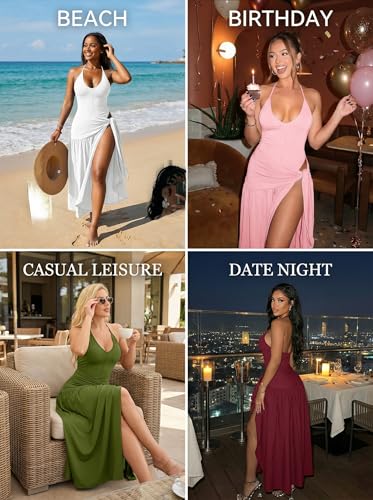 Image of Two Piece Skirt Set Women Sexy Halter Backless Bodysuit and Wrap Tied High Split Summer Maxi Skirt Set