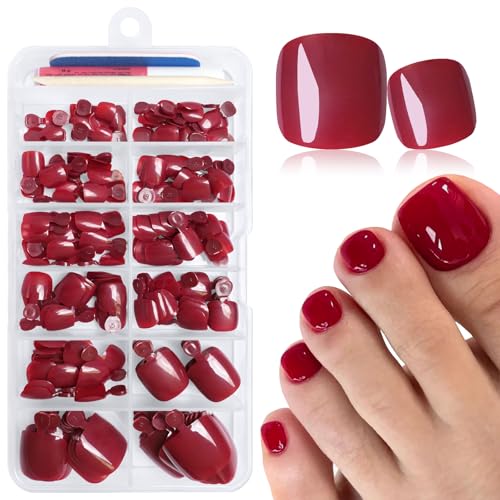 LuckForever 168pc Press on Toenails Women Fake Toe Nails with Glue Tab, Burgundy Fake Toenails Press on Nail Short Square Toe Nails Press ons Glue Toenail Feet  Artificial Acrylic Toe Nail Tips