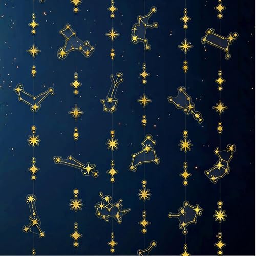 Image of Cheerland Glitter Celestial Party Decorations Constellation Birthday Decoration Star Garlands Witchy Backdrop Astrology Decor Zodiac Theme Banner Hanging Stars Streamer Galaxy Party Suppplies (Gold)