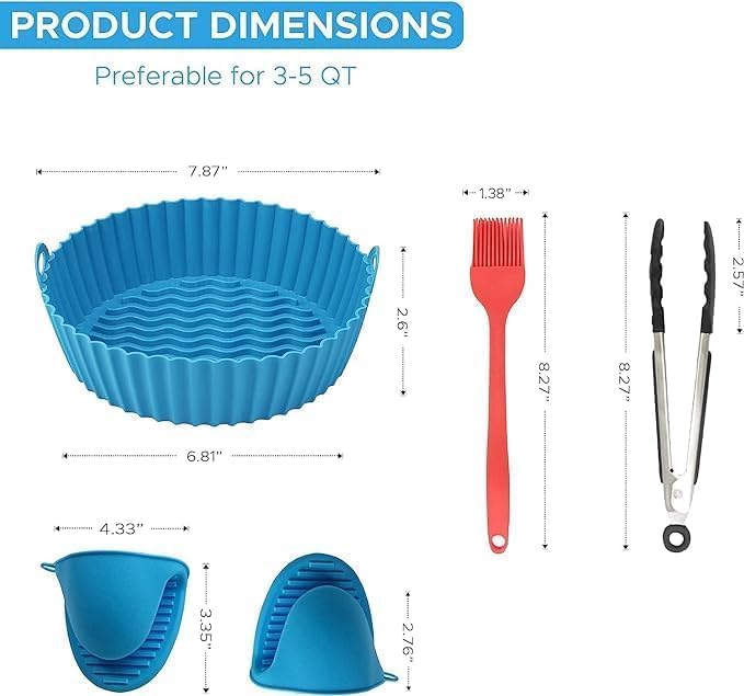 Image of Air Fryer Package - 6 Pack Air Fryer Liners & Accessories - 8.5 inch (5-9 Qt) Food Grade BPA-Free Reusable Silicone Baskets /Pots /Liners 9 Inch Tongs (P2...)