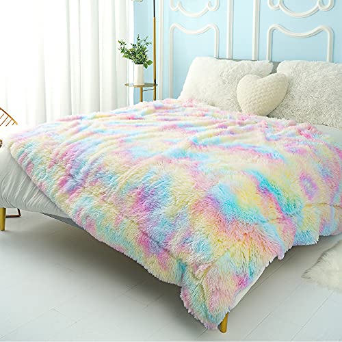 Junovo Soft Shaggy Rainbow Blanket For Girls Kids, Fuzzy Colorful Throw Blankets For Bed, Cute Fluffy Plush Blanket With Cozy Sherpa, Washable Faux Fur Rainbow Throw Blanket For Couch Sofa, 50"X60" #TOP4