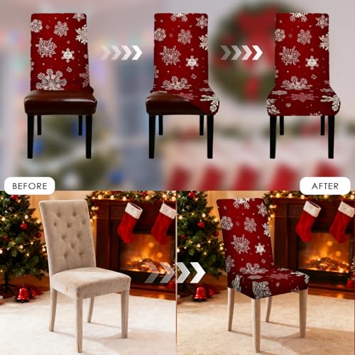 Image of Nuxovilar 4PCS Red Snowflake Stretch Chair Covers 23.6x70in | Holiday Slipcover Festive Protector Snowflake Wrap Seat Guard Dining Room Family Kitchen Party (Red Snowflake)
