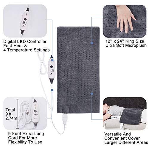 Tech Love XLarge Heating Pad with Fixation Strap for Neck Shoulder and Back Pain Relief XL Moist Heat Pad 12" x 24"Charcoal Gray - Thumbnail 2