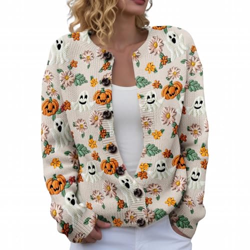 Halloween Sweater, Halloween Sweaters for Women Spooky Season Sweatshirt Funny Ghost Skeleton Pumpkin Print Fall Winter Long Sleeve Button Knit Cardigan Sweater Off-White