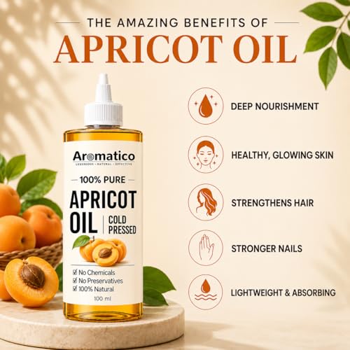 Image of Aromatico Apricot Oil for Hair, Face & Body Massage | Cold Pressed Apricot Kernel Oil for Dry Skin, Hair Nourishment & Moisturizing Care | Lightweight Carrier for Men & Women | 100ml
