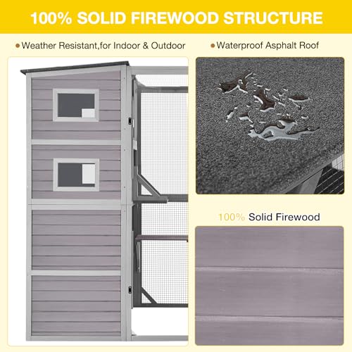Image of Aivituvin Catio Outdoor Cat Enclosure Feral Cat House Large Kitty Shelter with Run Cat Cage with Platforms 76.8 inch L x 35.8 inch W x 69.3 inch H,Grey
