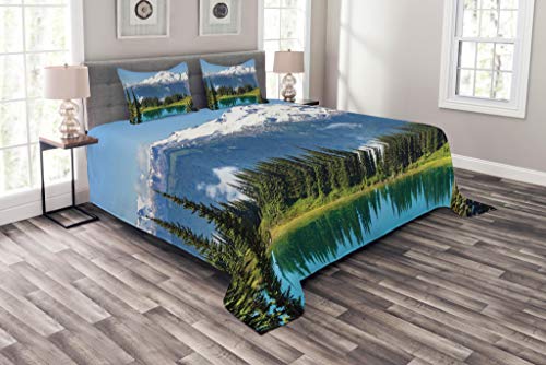 Lunarable Mountain Bedspread, Crystal Clear Lake and Snowy Mountain Peaks Tops Hiking Theme Northern Lands Image, Decorative Quilted 3 Piece Coverlet Set with 2 Pillow Shams, King Size, Green Blue