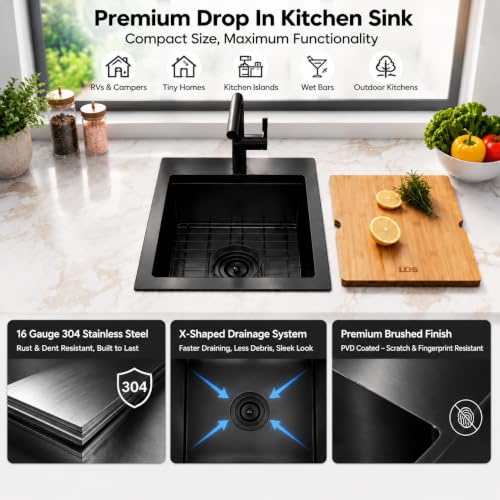 Image of LQS Matte Black Stainless Steel Sink Drop In, 16 inch x 18 inch Black Small Laundry Sink, Prep Sink with Cutting Board Drop In, Black Kitchen Sinks with Workstation Ledge For RV, Outdoor and Prep Use