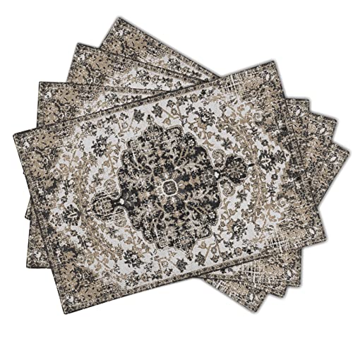 Image of Ethnic Boho Placemats Set of 4 Bohemian Carpet Vintage Gray Floral Linen Washable Kitchen Dining Southwestern Table Mats Stain Heat-Resistant Desktop Decor Place Mats for Home Party Indoor 12x18 in