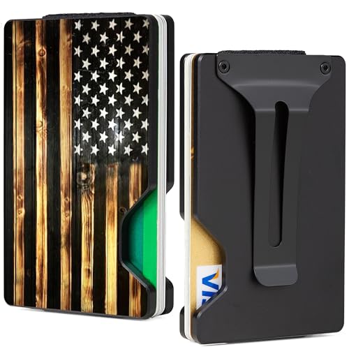 Image of Minimalist Wallet for Men, Slim Metal RFID Blocking Wallet Credit Card Holder Money Clip & Cash Strap, Scratch-Resistant Holds 15 Cards,Ideal Gift for Men | Patriot-Wood Flag