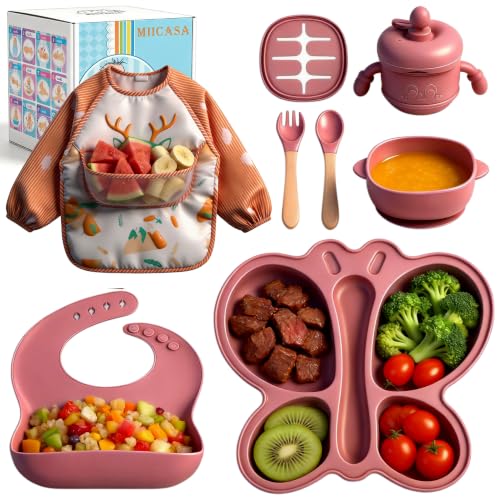 Image of Silicone Baby Feeding Set, Baby Led Weaning Supplies, Silicone Suction Butterfly Plate, Bowl, Spoons, Fork and Waterproof Bib & Cloth Bib, Eating Utensils Baby Feeding Essentials (Pink)