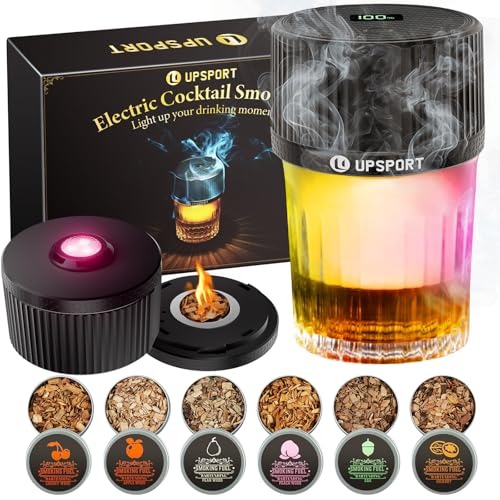 UPSPORT Kit de ahumador eléctrico para Whisky con 4 Modos de luz, Recargable, para cócteles, 6 astillas de Madera, sin butano, Ideal como o cumpleaños para Hombres, papás y esposos.
