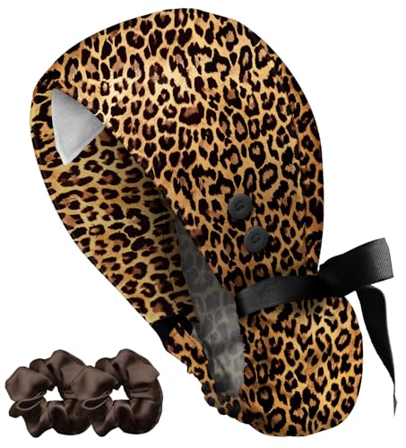 Plifal Adjustable Scrub Cap with Buttons & Sweatband-100% Cotton Leopard Surgical Cap for Women Nurse, Working Hat and 2 Scrunchies for Long Hair