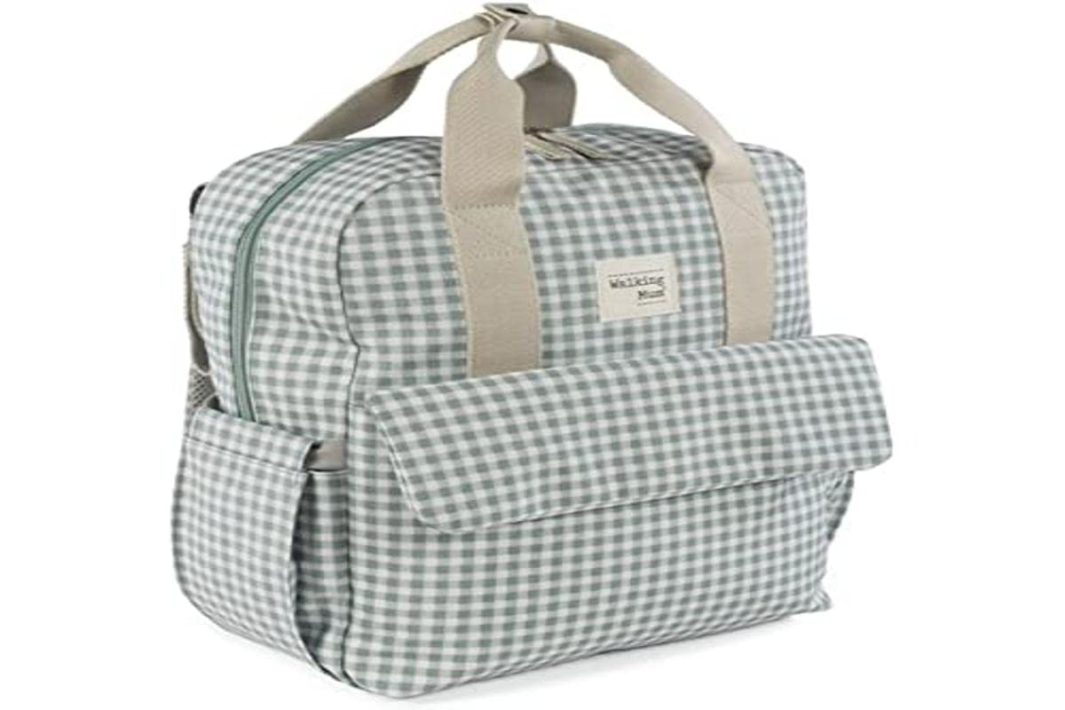 Walking Mum. Bolso Mochila I Love Vichy. Bolsa pañalera para silla de paseo. Diseño versátil con asas cortas y correas para llevar en los hombros. Color Verde. Medidas 37X28X12 cm.