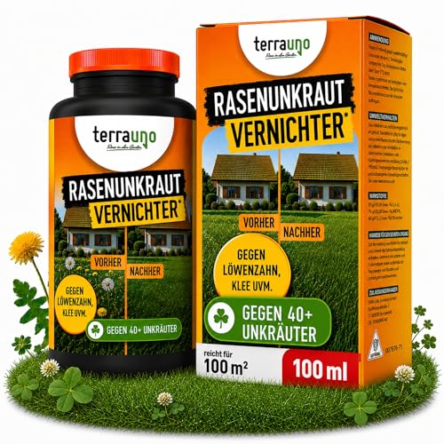 TerraUno Unkrautvernichter Rasen 100 ml Flüssiges Unkrautvernichtungsmittel extra stark gegen über 40 Unkräuter Löwenzahn und Klee Vernichter Rasenunkrautvernichter mit wurzeltiefer Wirkung