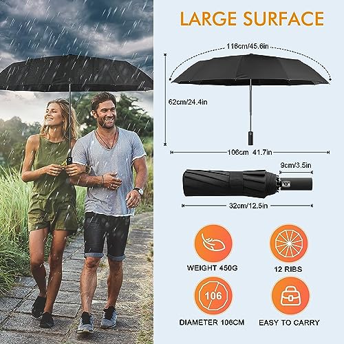 Image of Alexvyan 12 Ribs UV Protection Large Travel Automatic Umbrella Windproof for Rain & Sun, Strong Compact Umbrella for Men & Women, Wind Resistant, Portable Folding Umbrellas for Backpack, Car (Black)