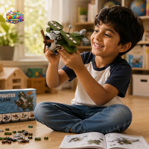 Image of Yashoni Fighter Plane Building Blocks Set - 182 Pcs Military Aircraft Model | Pull String Propeller Action, STEM Construction Toy for Kids 6+ Boys & Girls | Educational 3D Building Kit, Gift