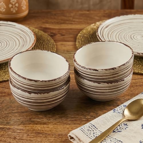 Image of The Earth Store Brown Spiral Ceramic Dinner Set, 18 Pieces with 6 Dinner Plates & 12 Vegetable Bowls | Microwave & Dishwasher Safe | Bone-Ash Free Dinnerware Set