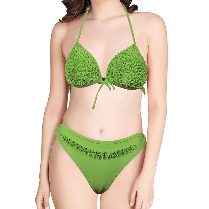 Swimwear Women's Criss Cross Wrap Bathing Suit Tie Back| Full Coverage with Solid Green Colour Raffles Undergarments| Lingerie Set for Beachwear| 2 Piece for-image-37